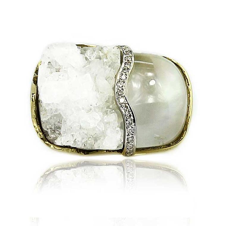 Kara Ross Petra Split ring with raw white quartz and smooth rock crystal front view