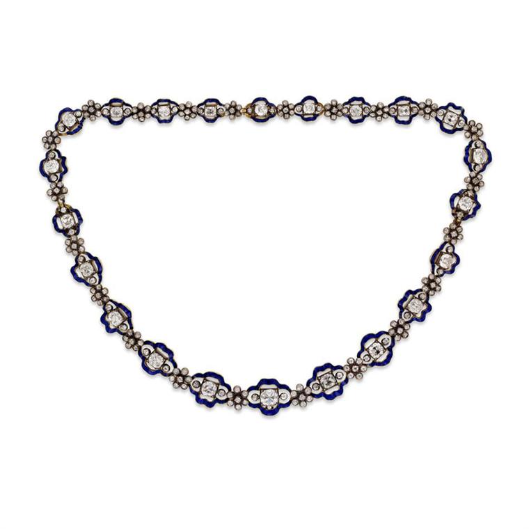 Bentley & Skinner Regency diamond and blue enamel cluster necklace