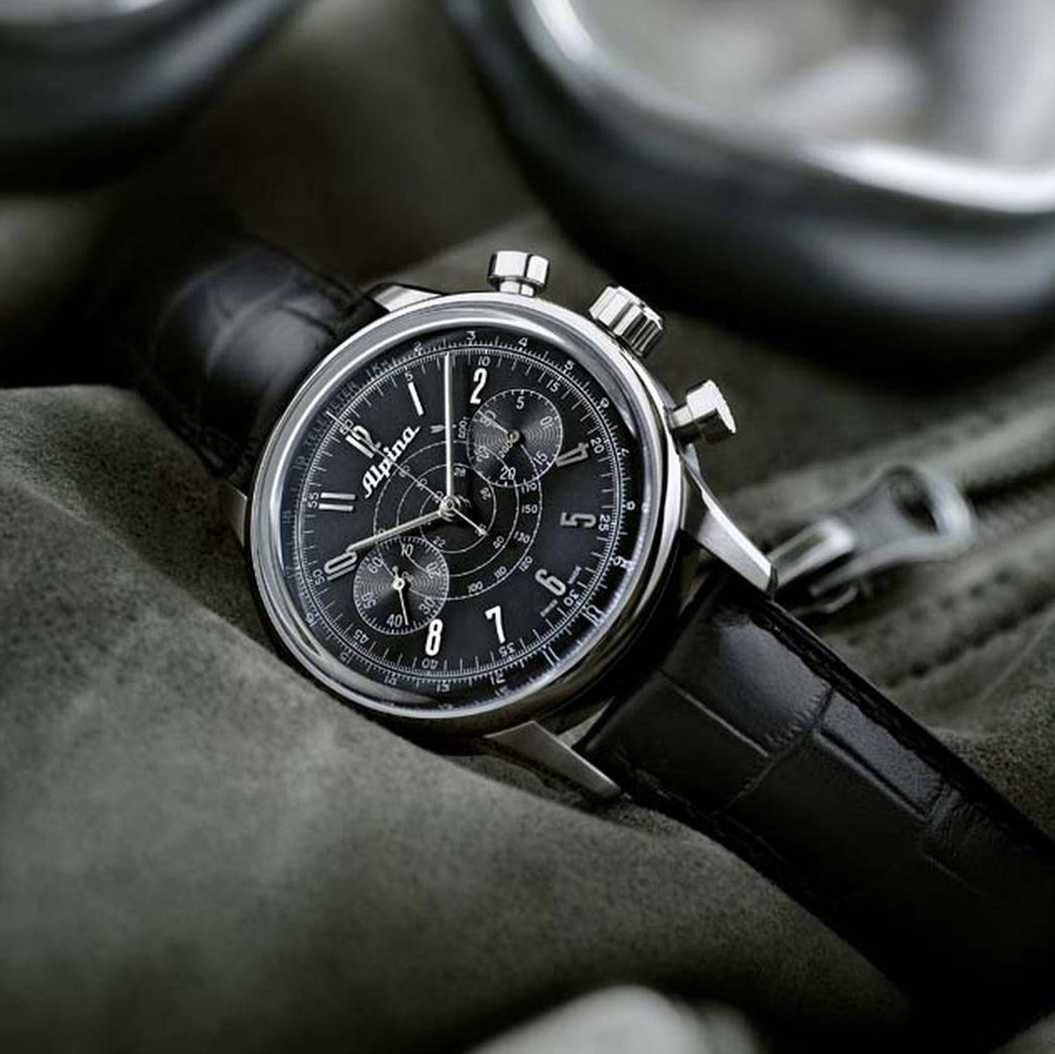 Powered by an Alpina calibre visible through the transparent caseback, the 41.5mm Alpina 130 Heritage Pilot Chronograph watch in stainless steel is also available with a black dial (£2,100).