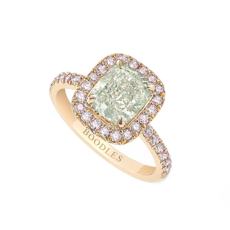 Boodles vintage pink and green diamond ring with rose gold band 