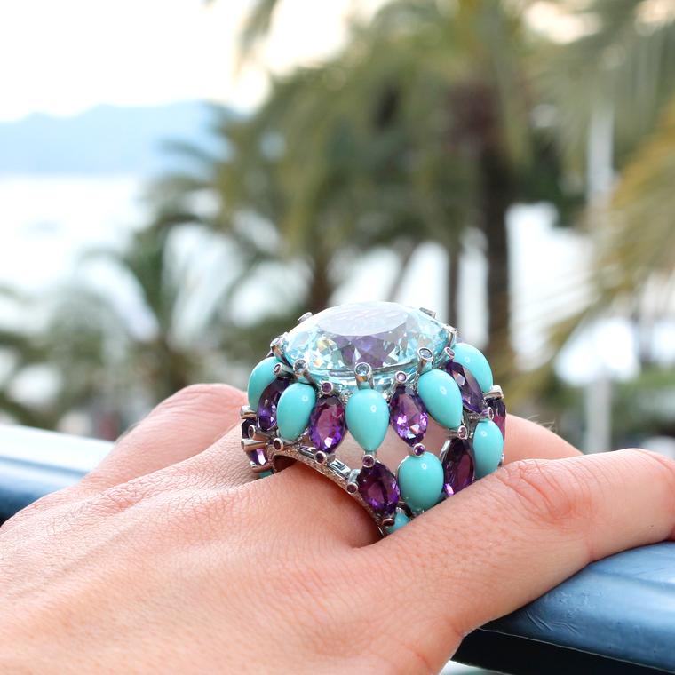 This huge cocktail ring in de GRISOGONO’s signature hues from the Swiss jeweller’s Melody of Colours collection features drops of faceted amethysts and smooth turquoise cabochons that rain down from the 36-carat aquamarine.