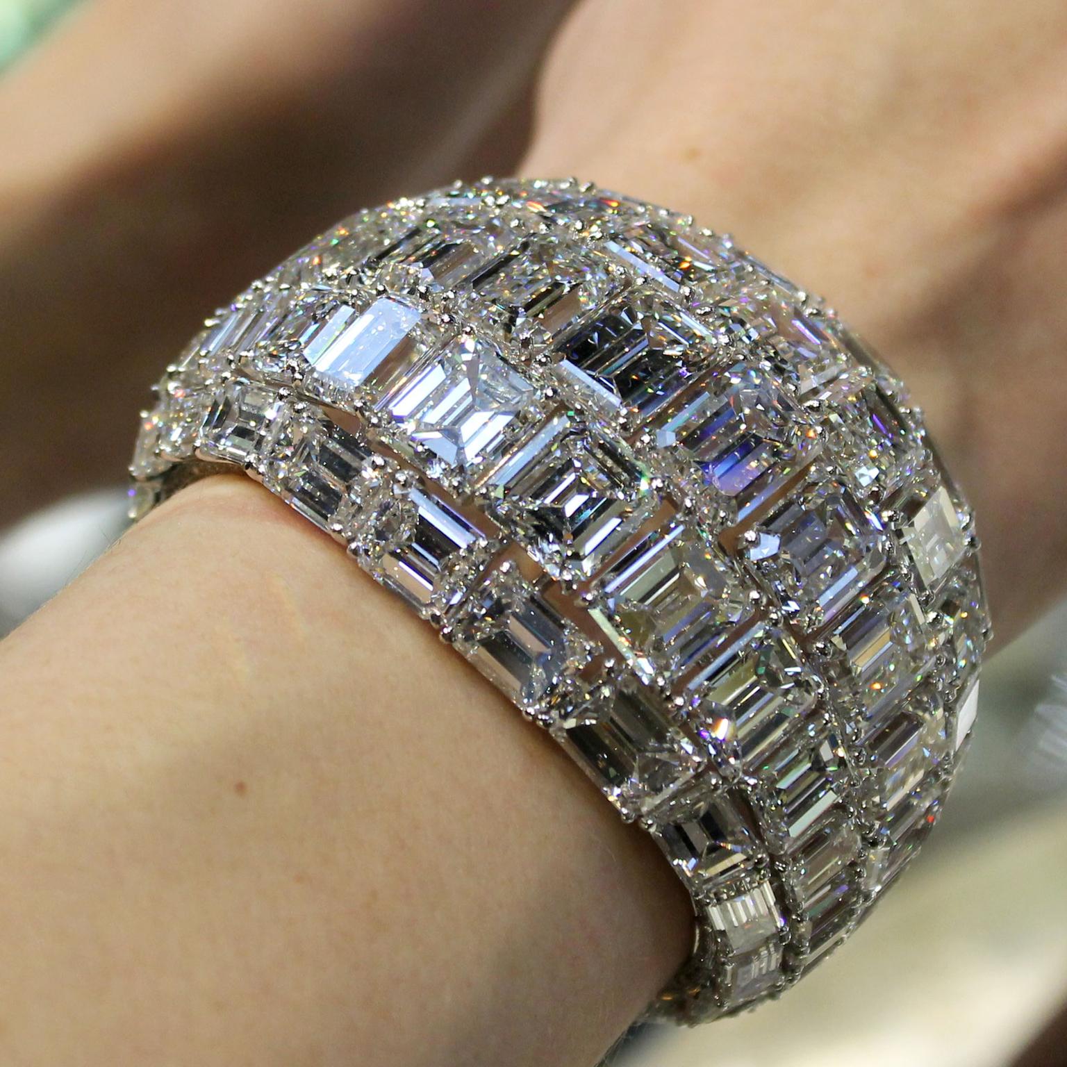 Moussaieff emerald-cut diamond bracelet on model
