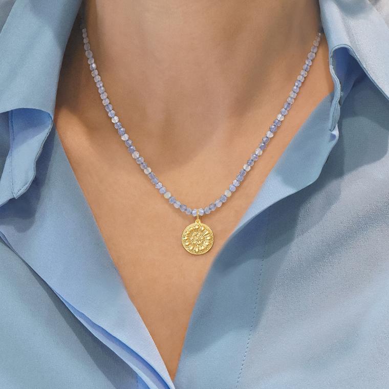 Iolite beads and gold Rosette coin necklace by Lalaounis
