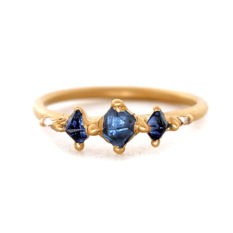 Polly Wales triple blue pyramid sapphire halo ring