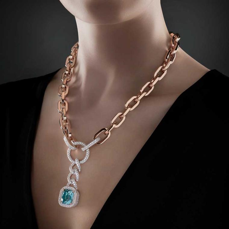 Pomellato La Gioia Princess Rapper aquamarine necklace on model 