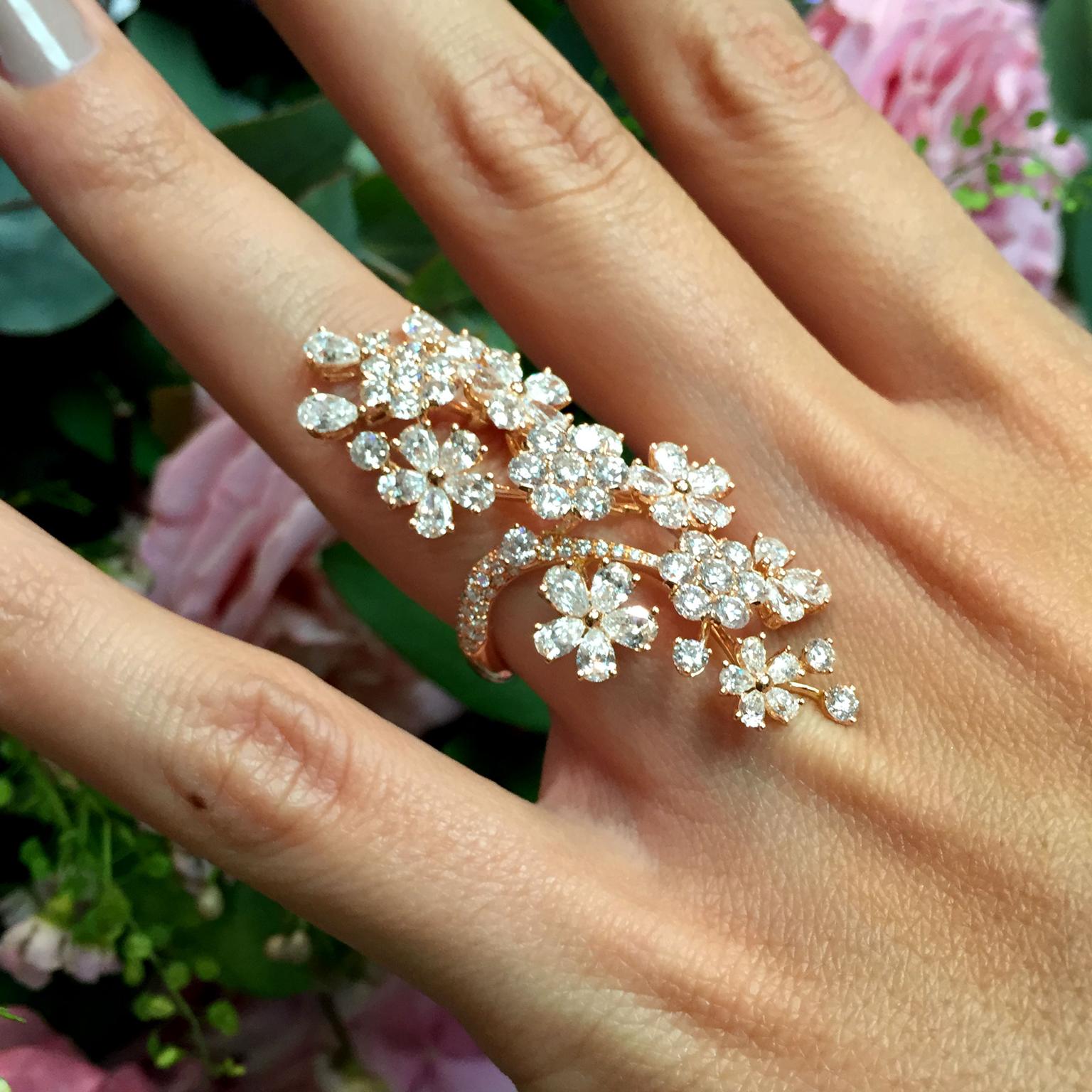 David Morris Cherry Blossom long finger ring on model