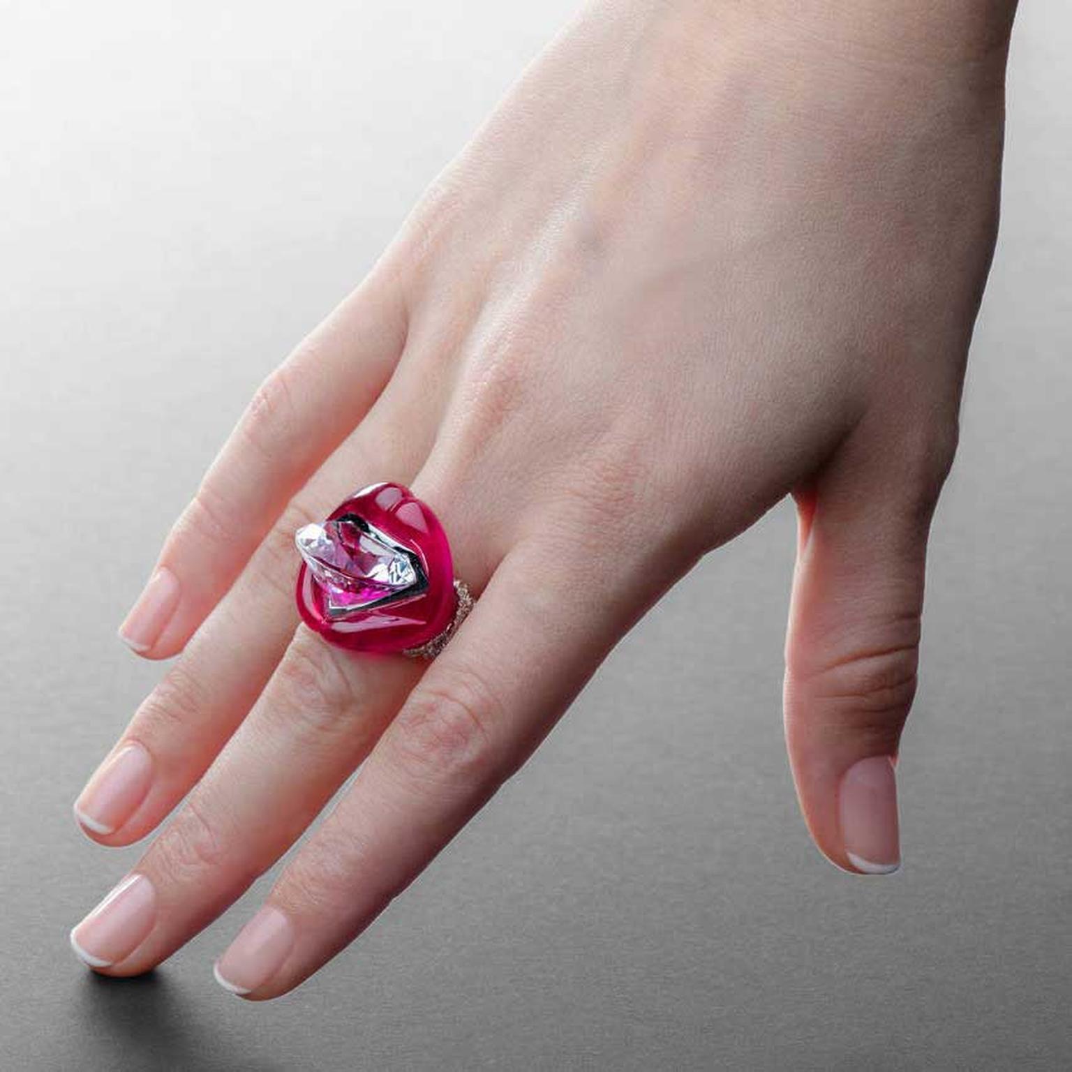 Lydia Courteille rock crystal and red corundum Mouth ring