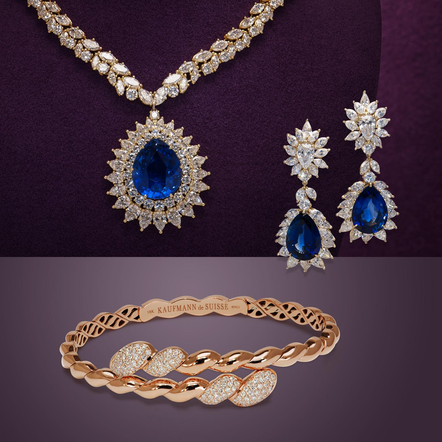 Sapphire Necklace with matching Earrings and 18K Pavé Yellow Gold Flowing Line Flexible Bracelet