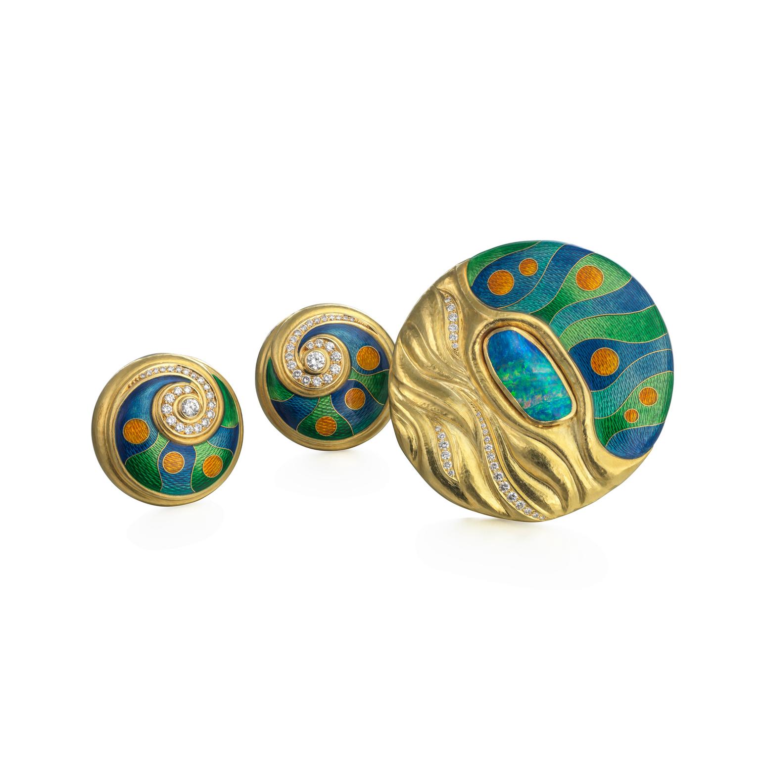 De Vroomen enamel brooch and earclips