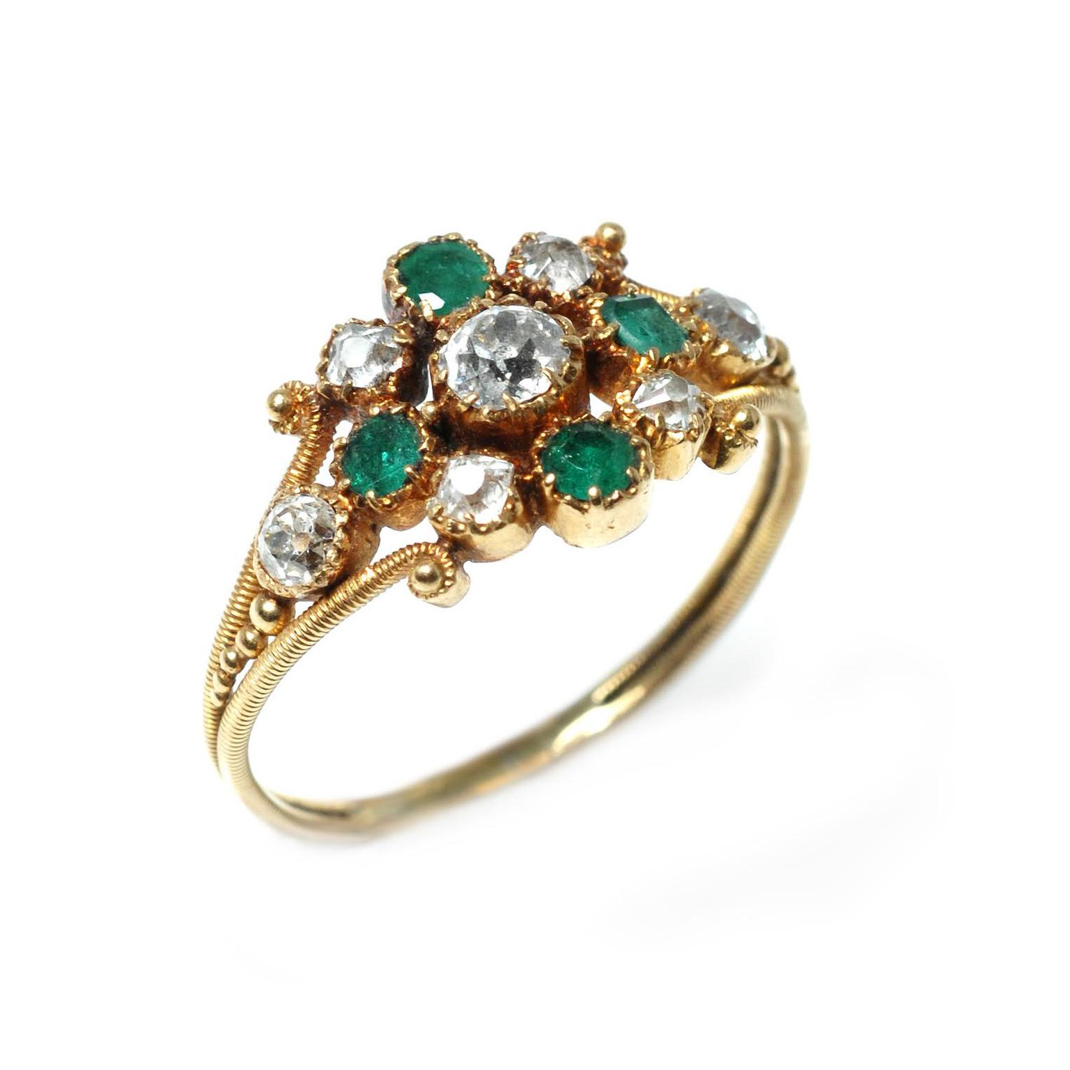 Trivette Georgian emerald and diamond cluster ring