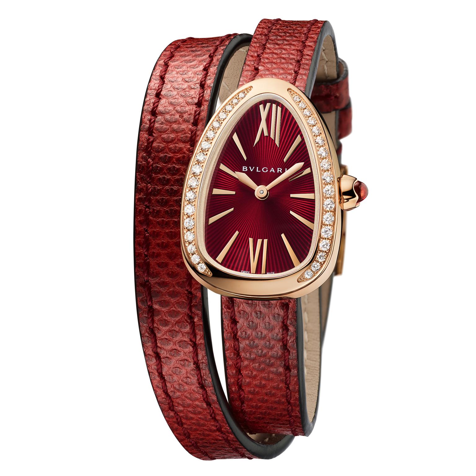 Bulgari Serpenti watch in rose gold with red dial and diamonds