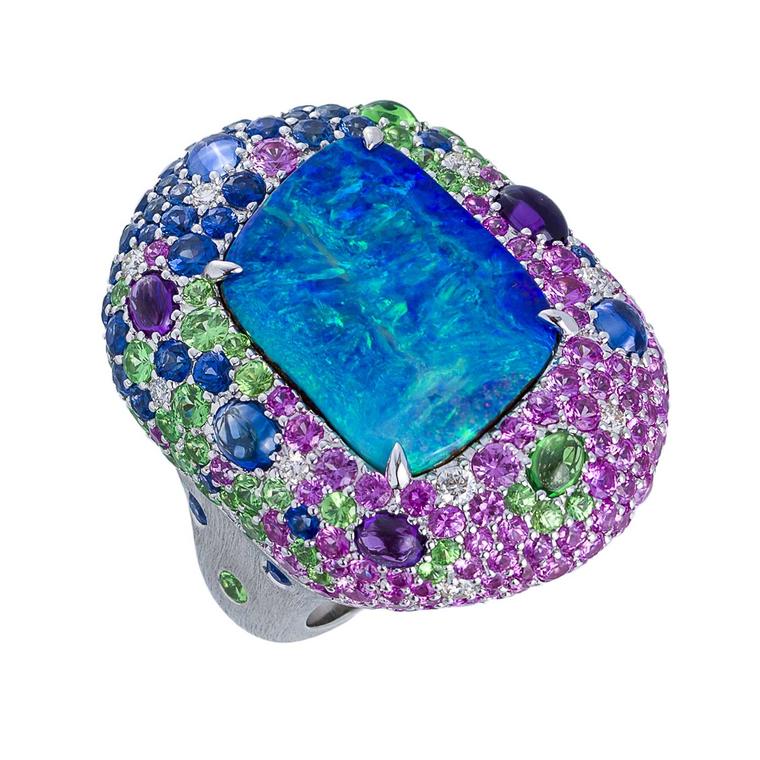 Margot McKinney Lightning Ridge opal and multi-coloured gemstone cocktail ring