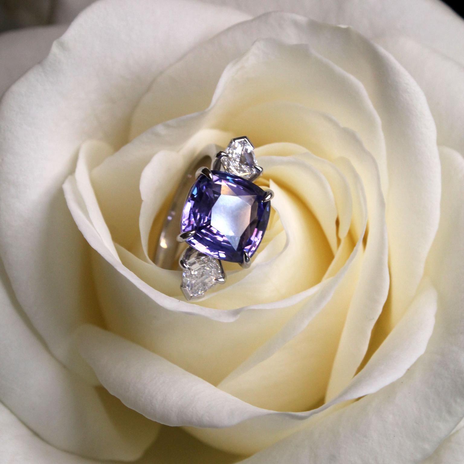 Hirsh Trio lavender sapphire and diamond engagement ring in rose 
