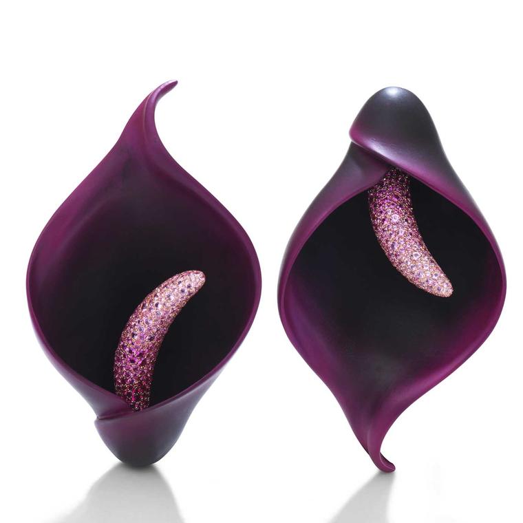 Emmanuel Tarpin violet Arum lily flower earrings