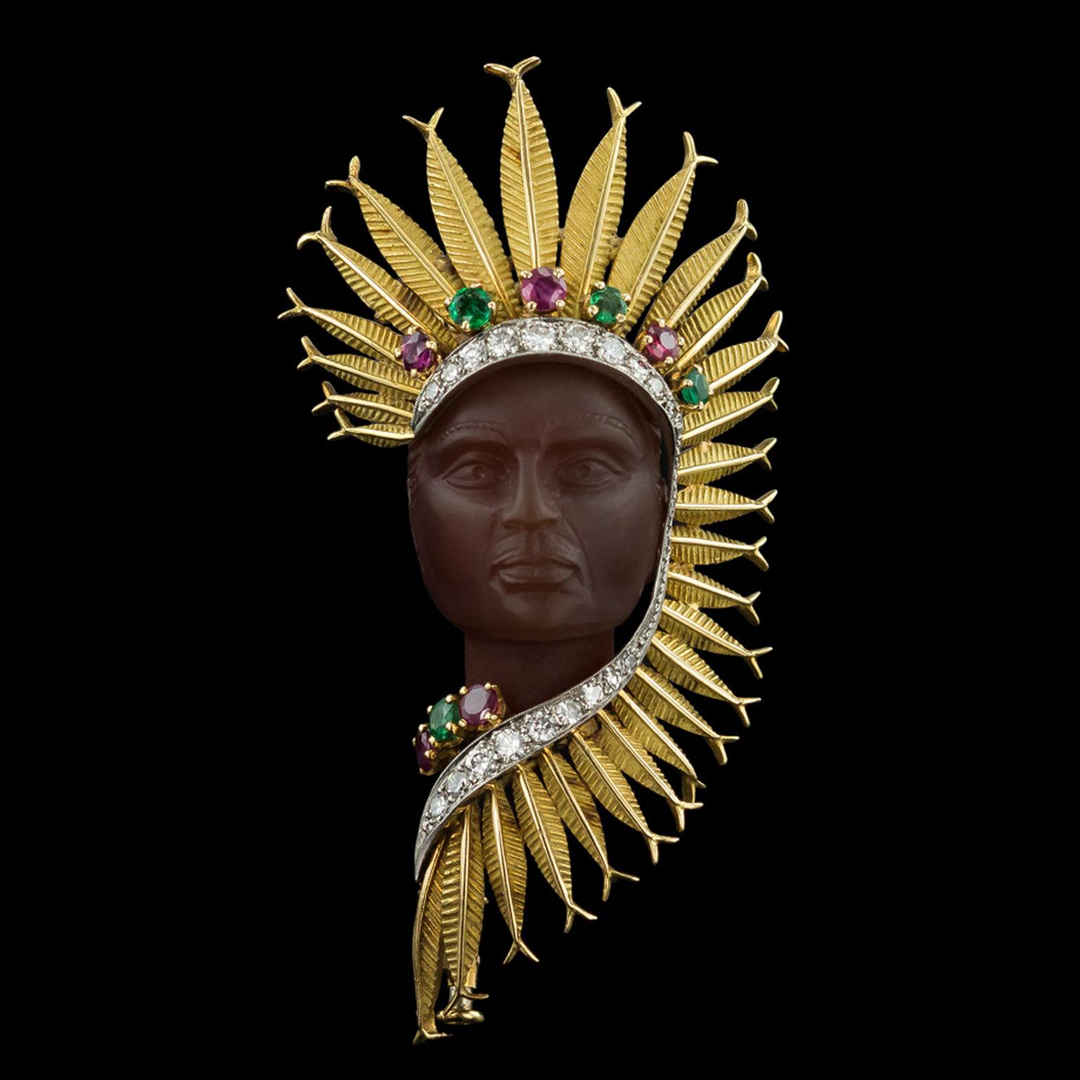 Carnelian and gold dress clip of a Red Indian chief