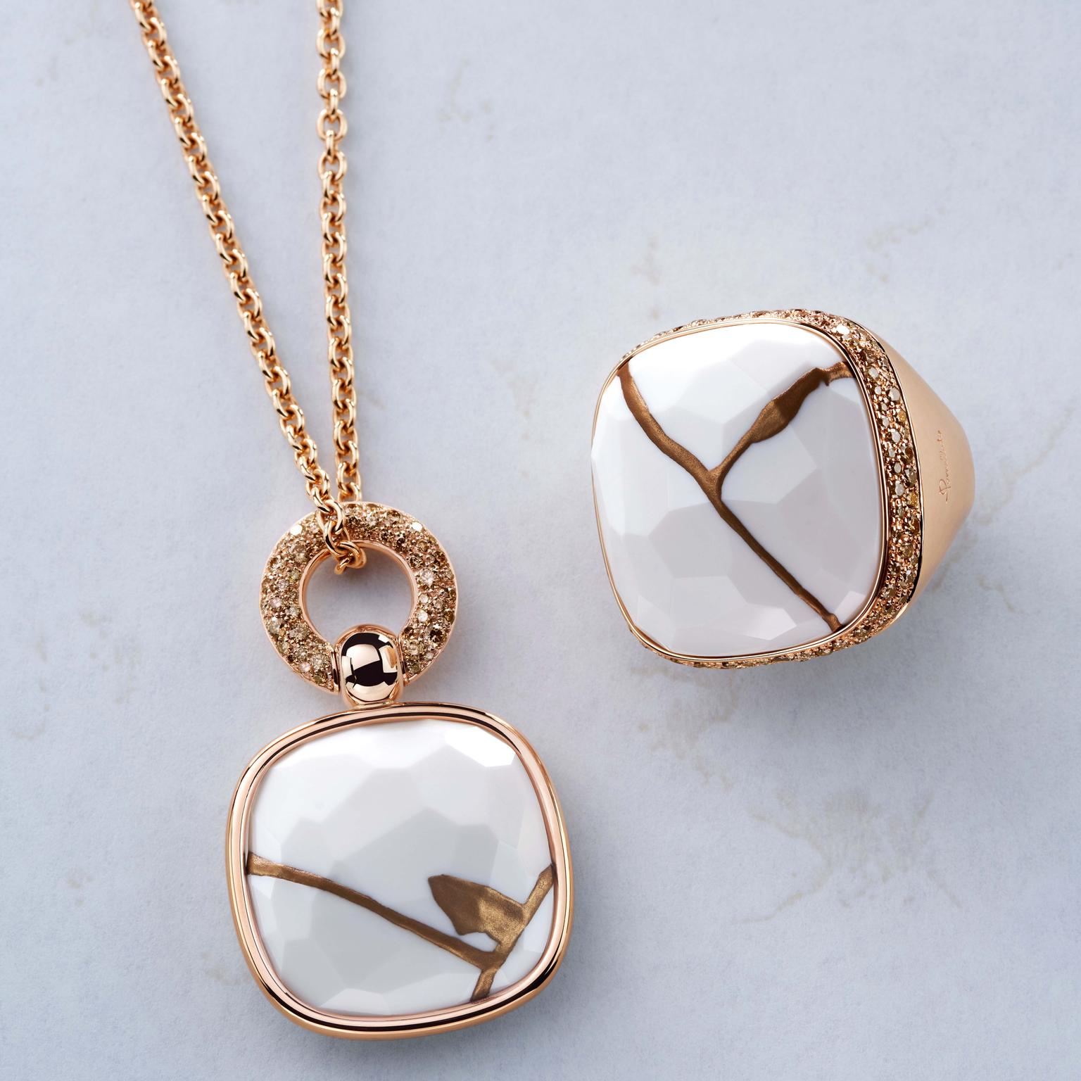 Pomellato Kintsugi Collection_ring and pendant in rose gold with kogolon and brown diamonds