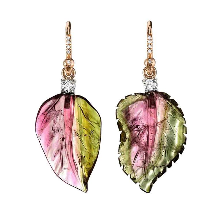 Irene Neuwirth one-of-a-kind carved watermelon tourmaline leaf earrings