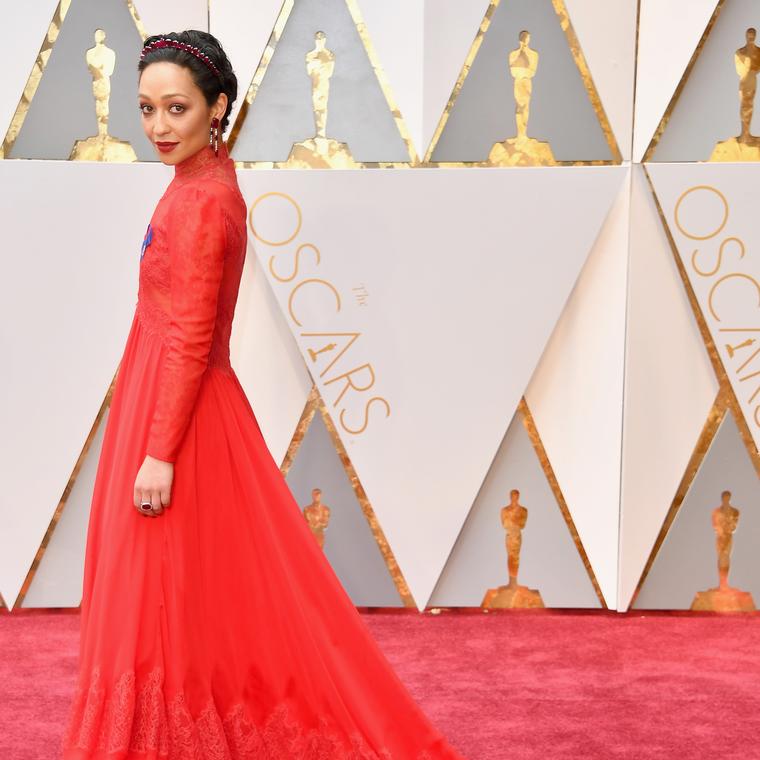 Ruth Negga on the Oscars red carpet in ruby Irene Neuwirth jewels