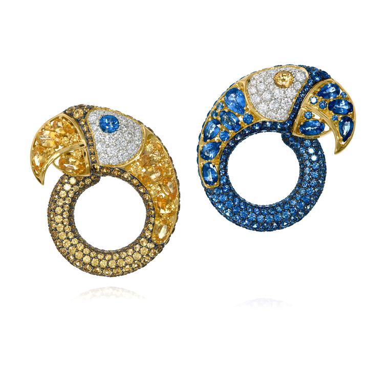 Arara yellow and blue sapphire earrings with diamonds