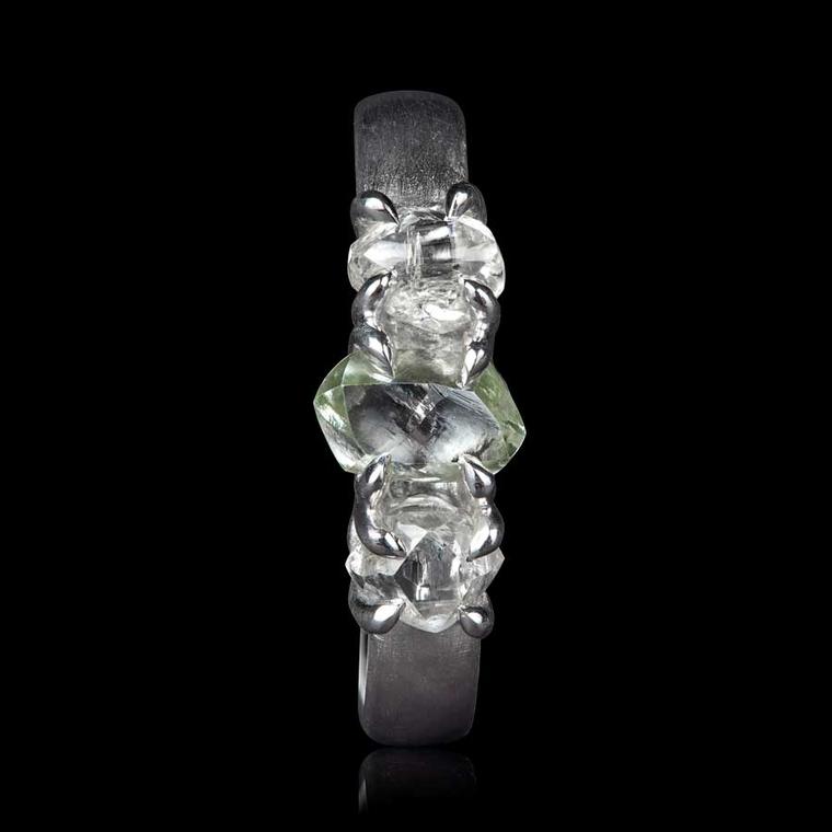 Natural white & green rough diamond gold ring by RoughDiamonds.dk