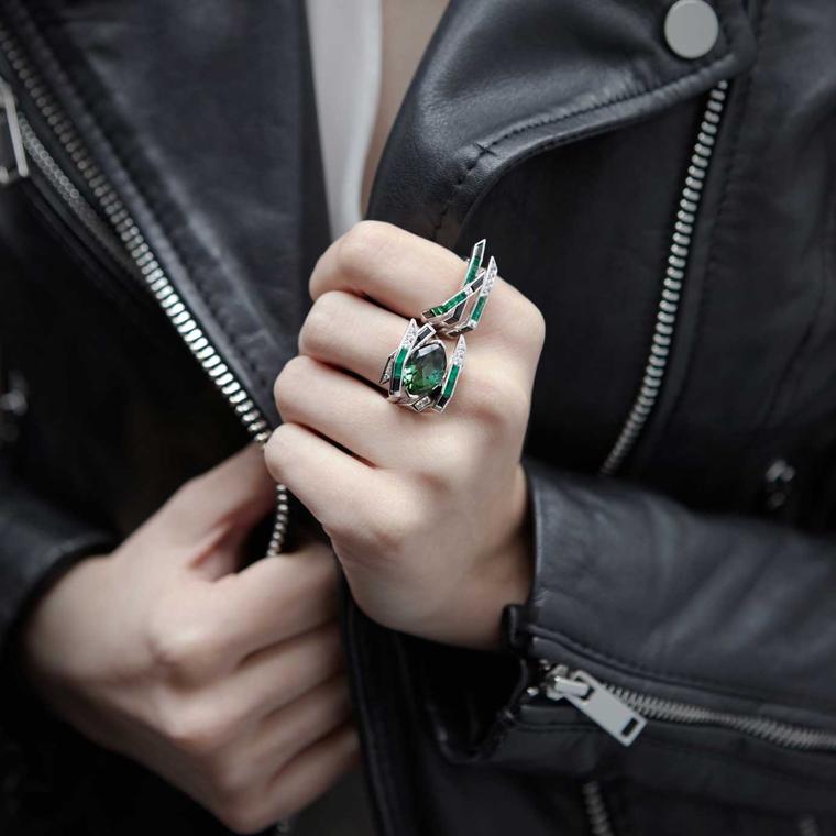 Electric night emerald and tourmaline cocktail ring by Tomasz Donocik