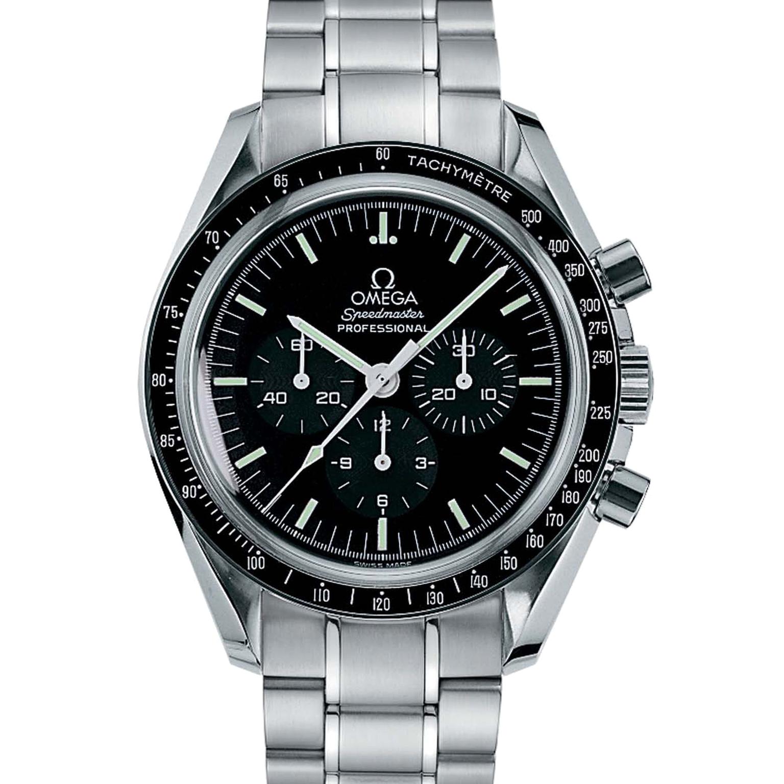 The Omega watches Speedmaster Professional was the first timepiece to accompany astronaut Buzz Aldrin on his epic Moon walk in July 1969. The 42mm stainless steel chronograph - known as the Moonwatch - is immediately recognisable with its black dial, tach