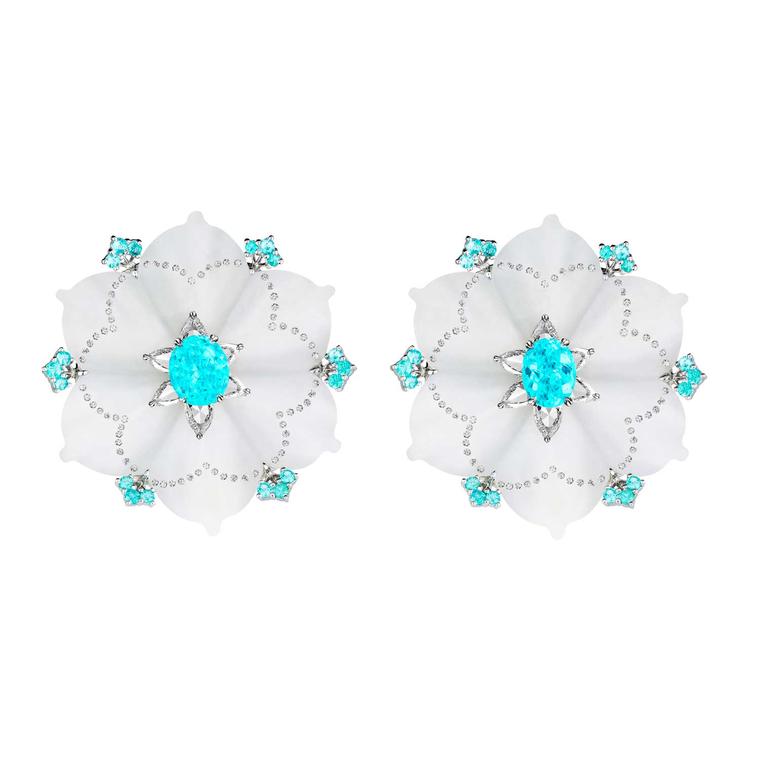 White jade and Paraiba tourmaline earrings