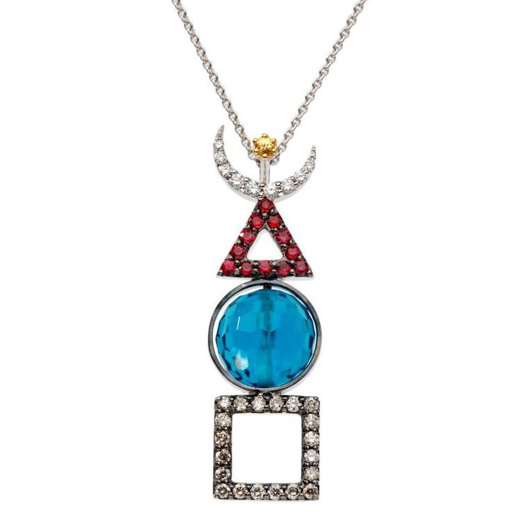 Tattwa topaz, diamond and ruby necklace