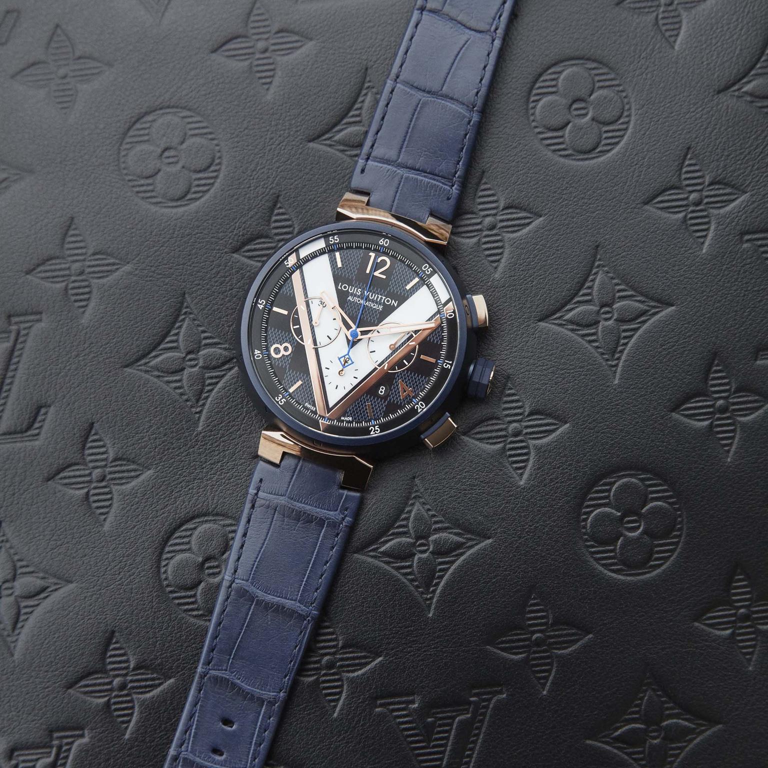 Louis Vuitton Tambour Damier Cobalt Chronograph pvd and gold