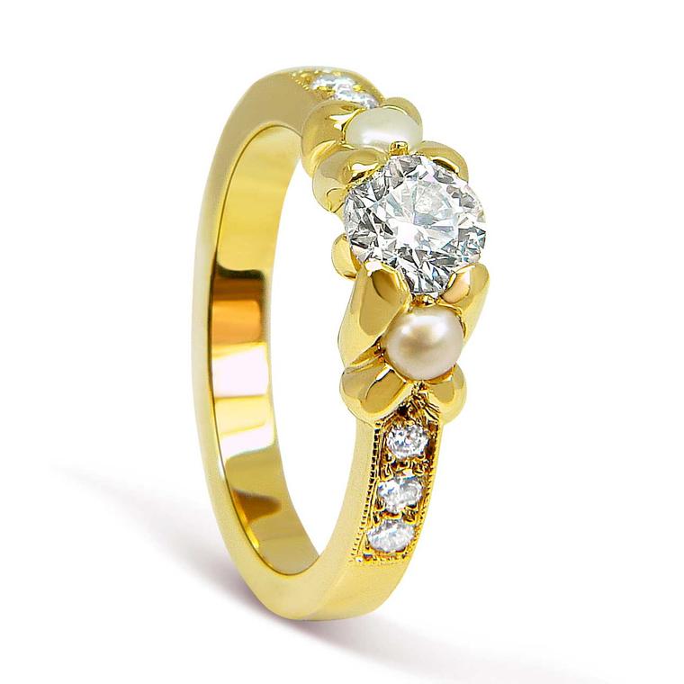 Arabel Lebrusan bespoke ethical pearl and diamond engagement ring in Fairtrade gold