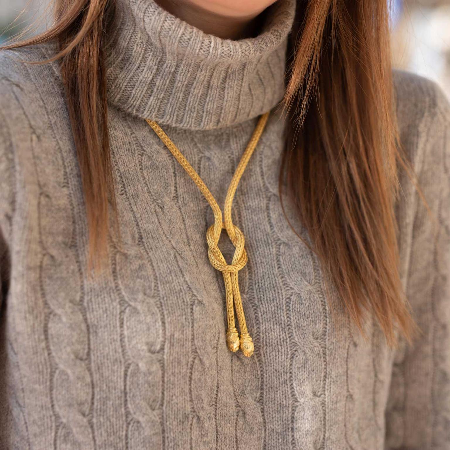 Lalaounis Hercules Knot gold necklace on model