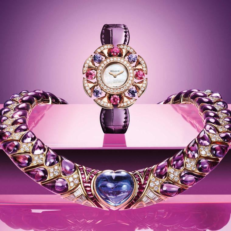 Bulgari Divas Dream tourmaline and amethyst watch and vintage necklace