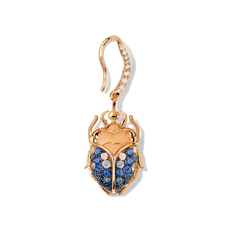 Scarab single earring with blue sapphires and diamonds 