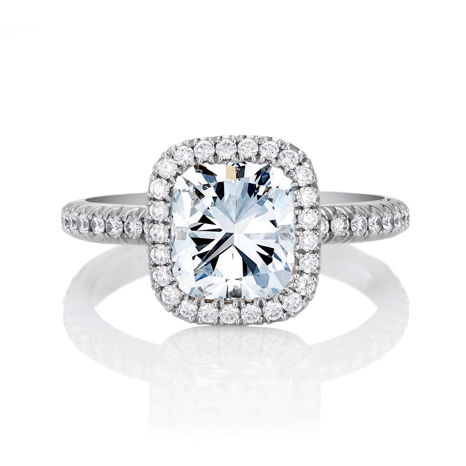 De Beers Aura cushion-cut solitaire diamond engagement ring in platinum
