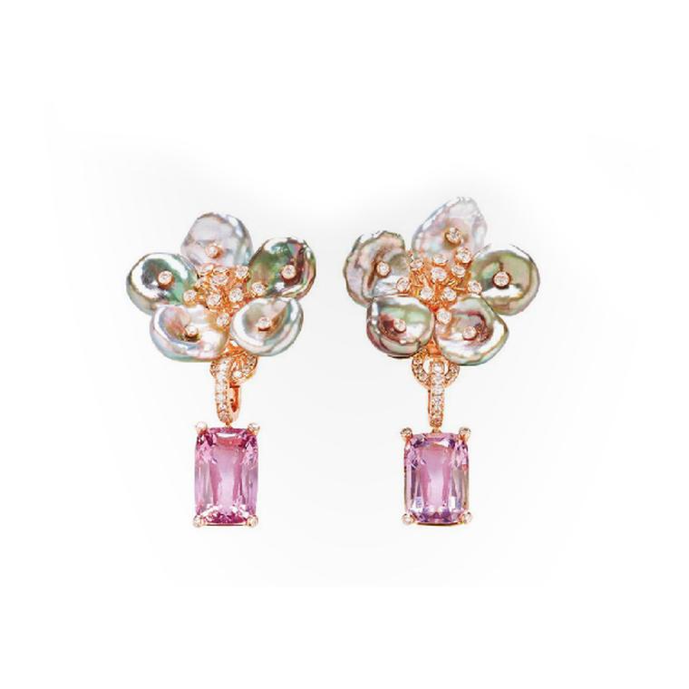 Margot McKinney Tahitian keshi pearl and diamond flower earrings with Lavender Champagne spinel drops