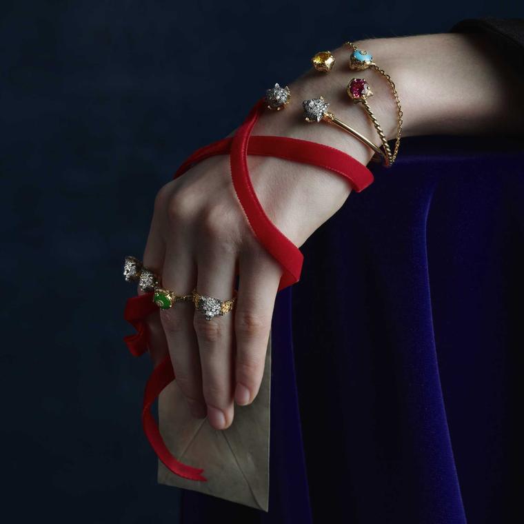 Gucci Le Marche des Merveilles jewels in portrait rings and bracelet blue velvet Julia Hetta photography