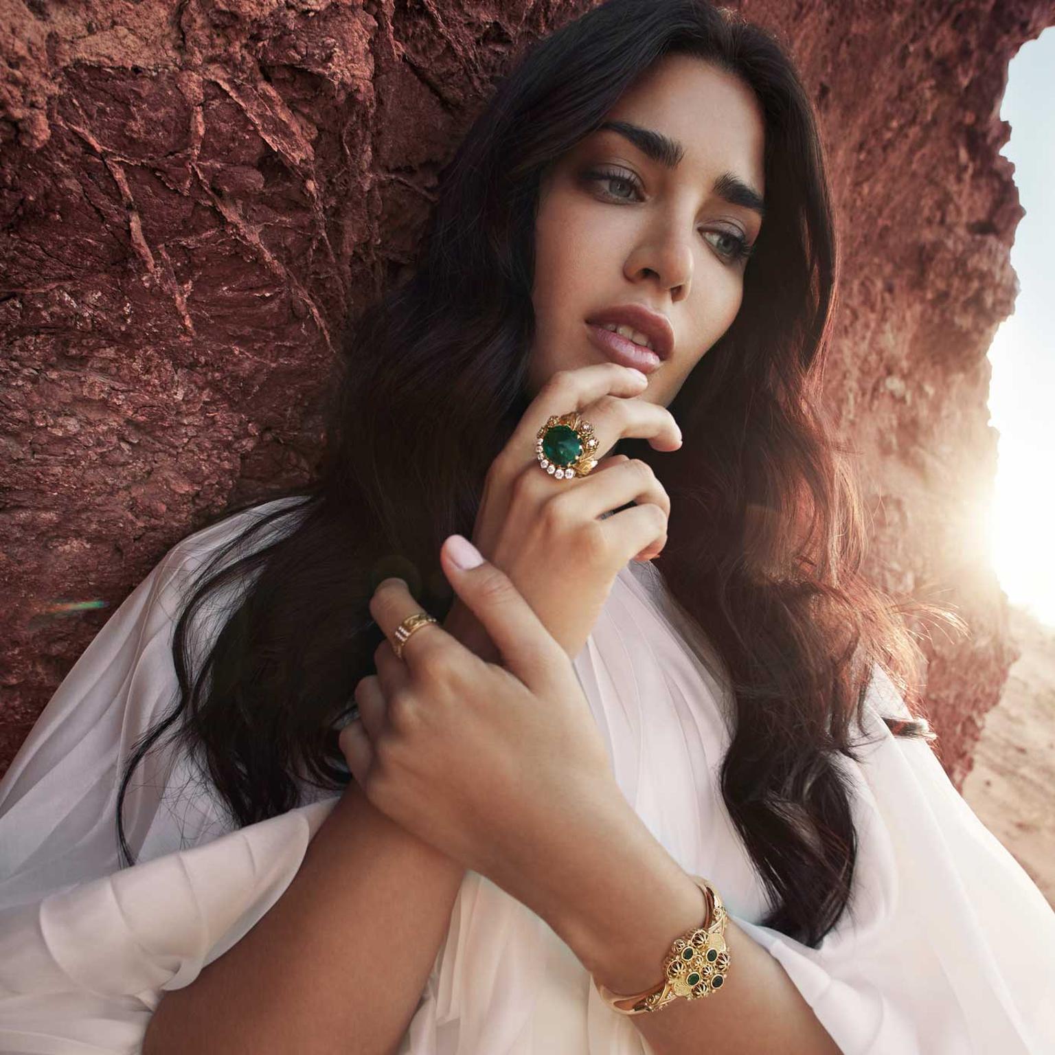 Enchantment Ottoman bracelet and Emerald Blossom ring on model Azza Fahmy Jewellery Wonders of Nature:Reimagined