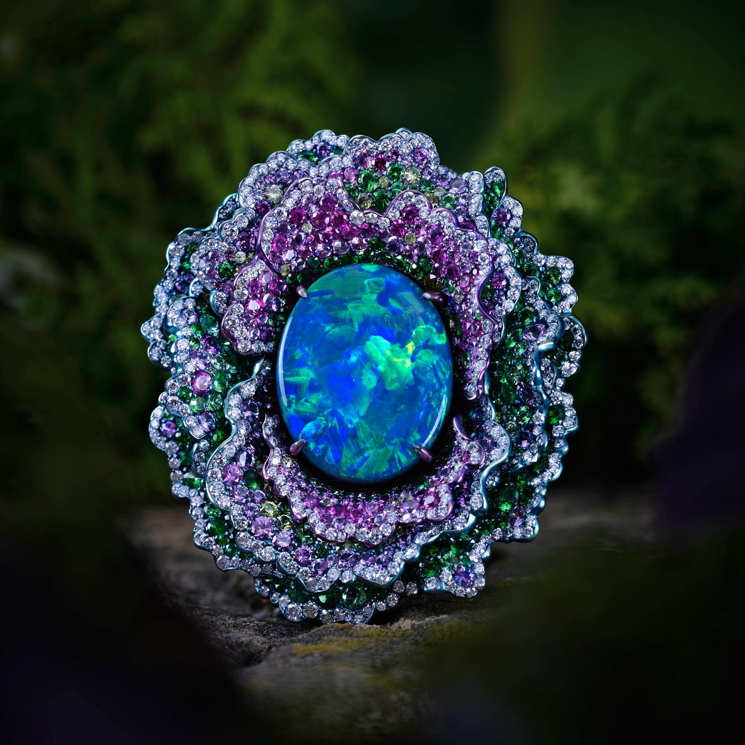 Chopard Fleurs d'Opales ring diamond tsavorite pink spinel petals