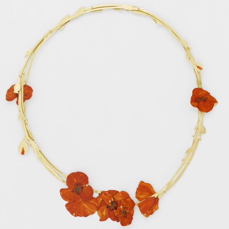 Christopher Thompson Royds’ Natura Morta necklace with poppies of gold enamel and diamonds