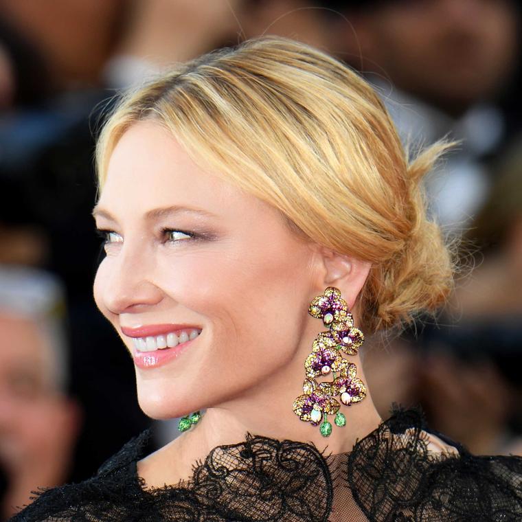 Cate Blanchett in Chopard Orchid earrings at Cannes Film Festival 2018