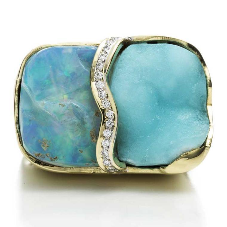 Kara Ross Petra Split ring with raw blue opal, raw hemimorphite and diamonds