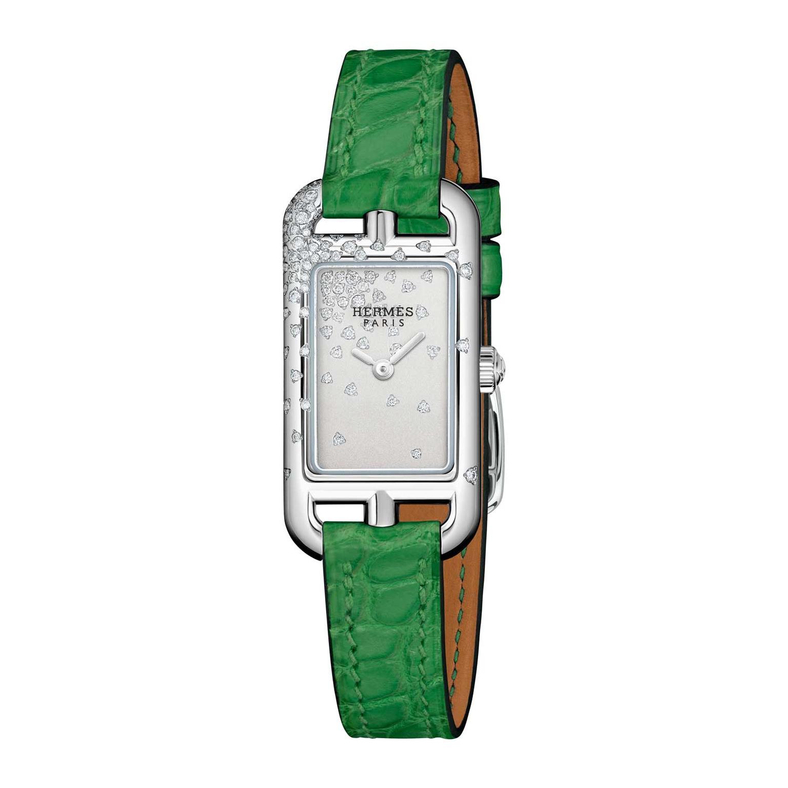 Hermes Nantucket Jete de diamants watch green strap