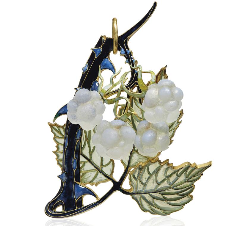 ART NOUVEAU ENAMEL AND GLASS-RASPBERRY PENDANT BY RENE LALIQUE-