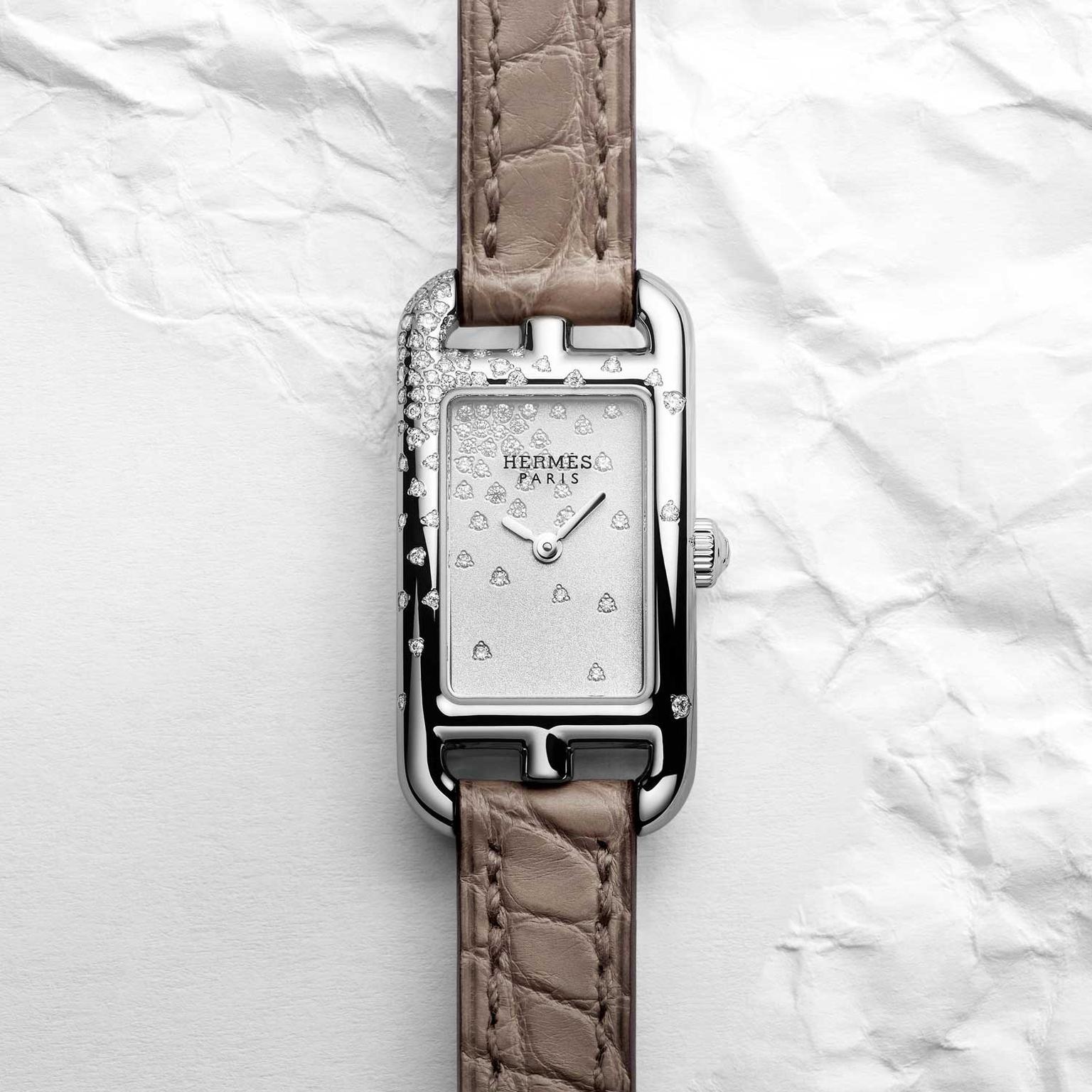 Hermes Nantucket jete de diamants watch with brown alligator strap