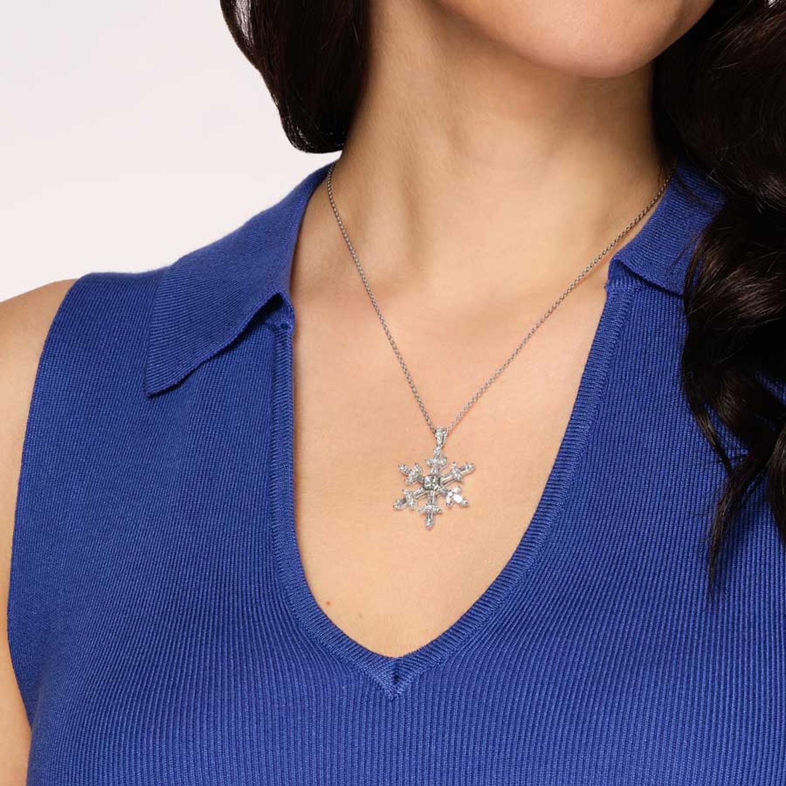 Hirsh Snowflake diamond and platinum pendant on model