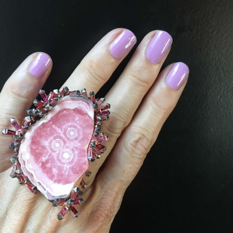 Lydia Courteille Rosa del Inca rhodochrosite ring with crystals on side 