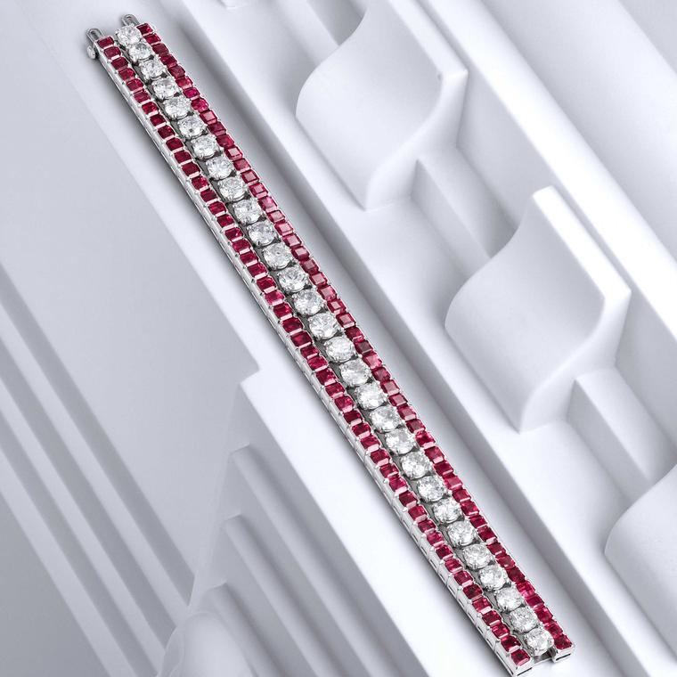 Platinum ruby and diamond bracelet set with approximately 15.35 carats of diamonds Est. $8000-$12000.
