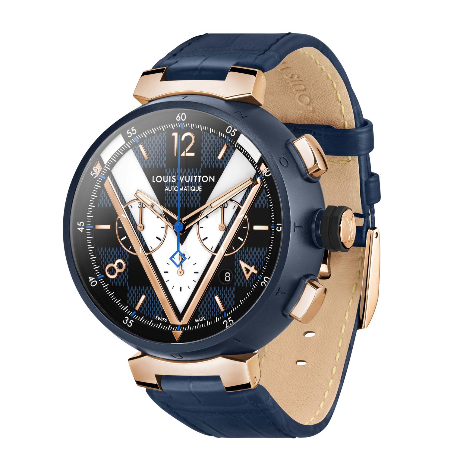 Buy Pre-owned & Brand new Luxury Louis Vuitton Tambour Damier Cobalt Blue &  Gold Chronograph Online