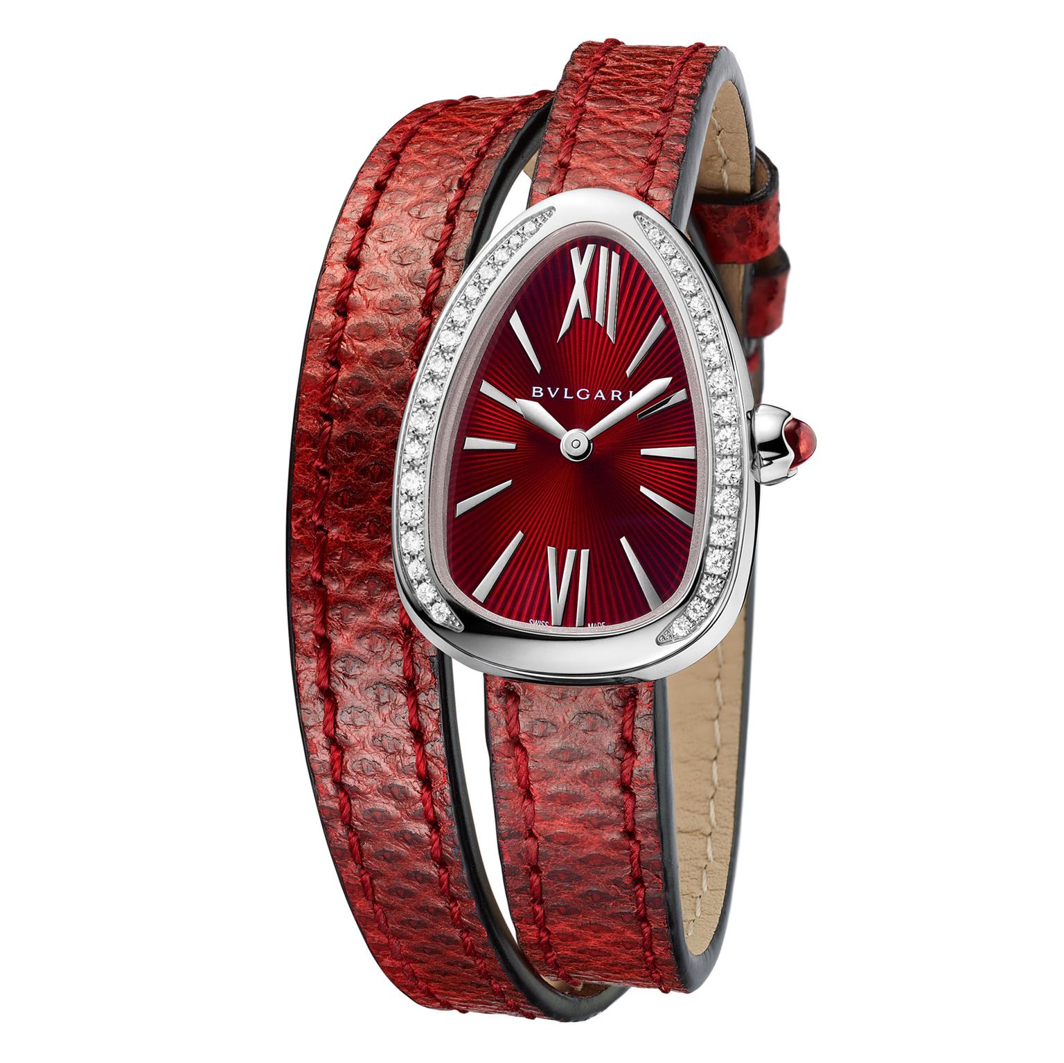 Bulgari Serpenti watch in steel with diamonds and red dial