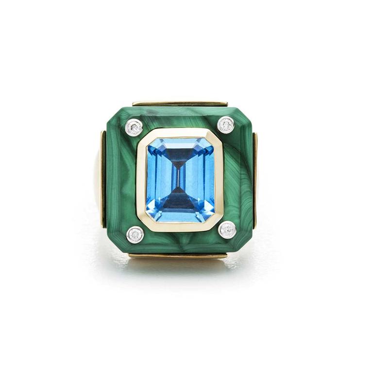 Kara Ross small Cava ring with malachite base and blue topaz front